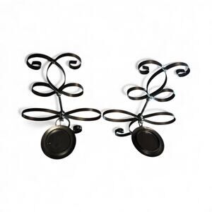 Metal Wall Sconce Candle Holder Black Wrought Iron Large 10” Farmhouse Pair of 2